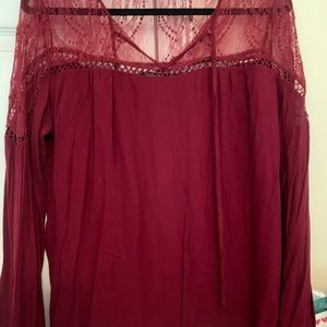 Maroon doe and Rae shirt. Front tie and lace detail
